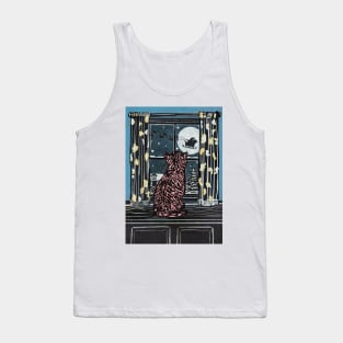 Christmas Linoprint Cat sitting on a windowsill watching Santa fly through the night on his sleigh full of gifts Tank Top